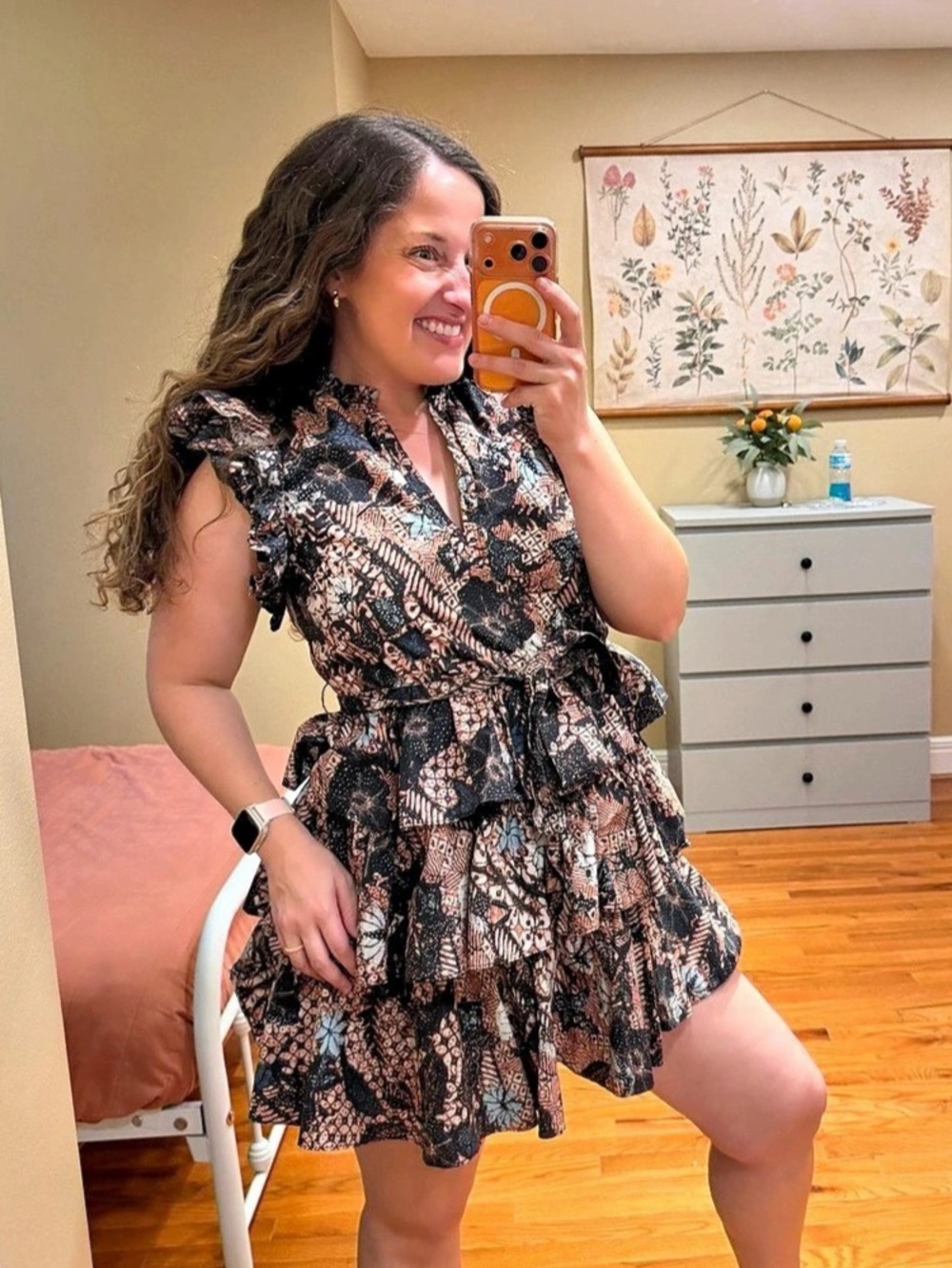 Ulla Johnson Honoria Floral Ruffle Mini Dress in Black & Pink Size 0 Like New